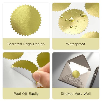 2 inch Round Gold Foil Stickers for Embossing 200 Pcs, Wmiwulien Blank Self Adhesive Notary Embosser Seal Stickers with Serrated Edge for Certificate Package, Envelope, Wafer, Awards Legal Metallic - color: Gold