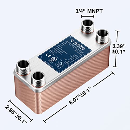 ALECOIL 3"x8" 26 Plates Heat Exchanger with 3/4" MPT Port Water to Water 316L Stainless Steel Brazed Plate Heat Exchanger for Water Heating, Floor Heating, Commercial and Industrial Refrigeration - size: 3"X8"-26P