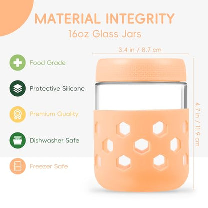 Gemice 6-Pack 16 oz Overnight Oats Containers with Lids and Silicone Sleeves, Glass Mason Jars with Airtight Lid, Dishwasher Safe, Wide Mouth Chia Seed Pudding Meal Prep Jar for Yogurt Berries Snack - color: Green, size: 16oz, 6-Pack
