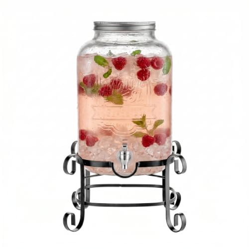 Style Setter Beverage Dispenser Cold Drink Dispenser w/ 3-Gallon Capacity Glass Jug, Metal Stand & Leak-Proof Acrylic Spigot Great for Parties, Weddings & More - color: Main St. W/ Stand, size: 3 Gallon