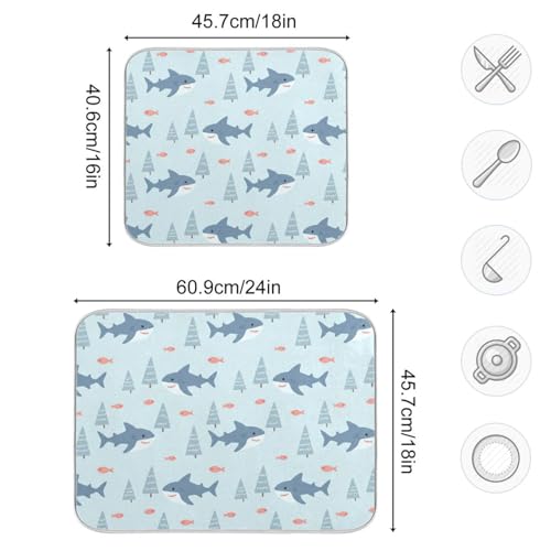 Sharks Fish Tree Blue Dish Drying Mat for Kitchen Counter Super Absorbent Draining Mat with Non-slip Backed Dishwashing Mat for Dish Bottles Cups Bowl Draining Racks Countertops Sinks