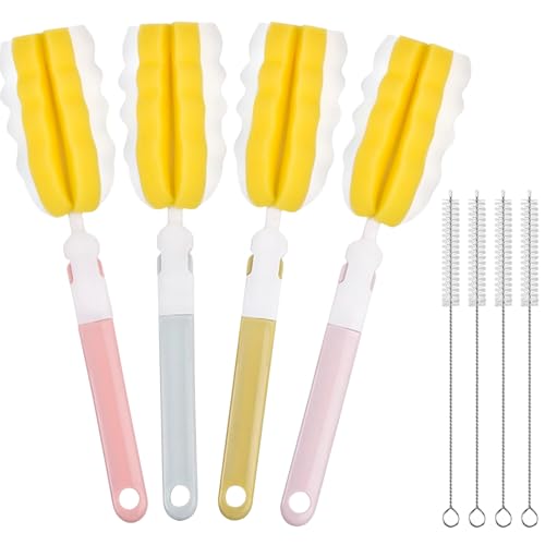 INVODA Bottle Brush 4Pack Long Handle Cup Cleaner Brush Whit Straw Brushes 4Pack Sponge Bottle Scrubber Detachable Handle Cup Cleaning Brush for Baby Bottle Clean Mugs (4 PCS+Straw Brushes 4PCS) - color: 4 Bottle Brush+4 Straw Brush
