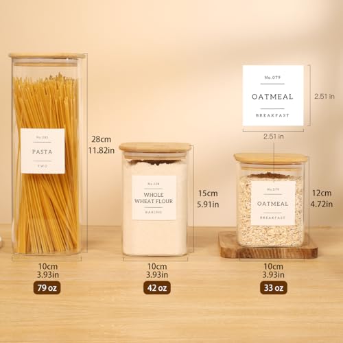 5 Pack Square Glass Pantry Storage Containers with 132 Kitchen Food Pantry Labels - Clear Glass Pantry Jars with Airtight Wood Bamboo Lids - Glass Canisters for Pasta, Cereal, Coffee, Flour, Sugar - size: 5pack