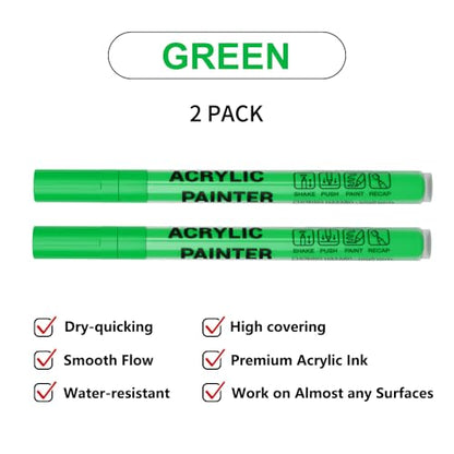 Acrylic Paint Pens Waterproof Markers 2 Green Permanent Marker Pens Acrylic Pens for Rock Painting Glass Stone Ceramic Metal Fabric Pebble Painting pens Craft Supplies - color: Green