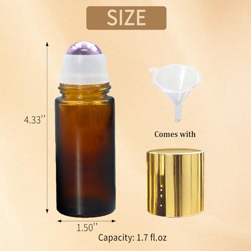 Amethyst Roller Bottles for Essential Oils, 50ml Refillable Amber Glass Roll On Bottles with Natural Crystal Roller Balls, Leak-Proof Travel Perfume Bottle with Gold Caps - color: Purple