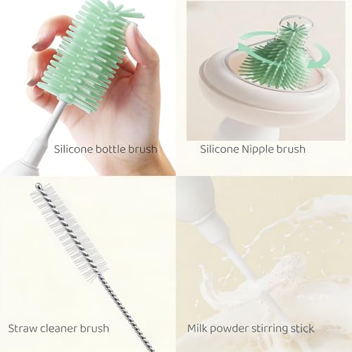 Portable Electric Silicone Bottle Brush Set, 7-in-1 UV Light USB Charging, Nipple/Straw Cleaner, Milk Mixer, Built-in Drying Rack & Storage Case, BPA-Free, IPX7, On-the-Go for New Parents - color: Mint