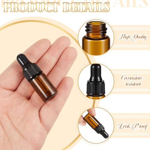 Didaey 200 Pcs 1/2/3/5/10/15 ml Mini Glass Oil Dropper Bottle Bulk, Clear Essential Small Empty Bottles Sample Containers Perfume Liquid Vials with Cap for Traveling (3 ml,Amber) - color: Amber, size: 3 ml