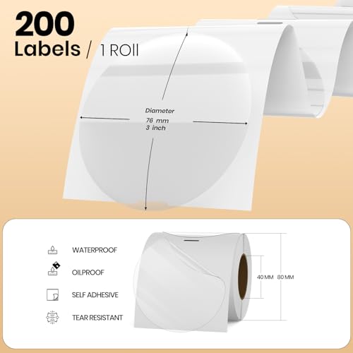 Clear Thermal Labels Vinyl 3 Inch Self-Adhesive Round Stickers Circle Roll Waterproof Printer Decals Package Seal for QR Code Envelope Office Retail Home 200 PCS - color: Transparent