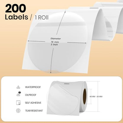 Clear Thermal Labels Vinyl 3 Inch Self-Adhesive Round Stickers Circle Roll Waterproof Printer Decals Package Seal for QR Code Envelope Office Retail Home 200 PCS - color: Transparent