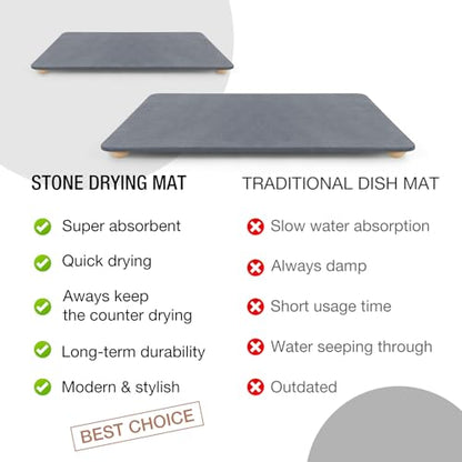 Large Stone Dish Drying Mat for Kitchen Counter, 24"×16" Quick Dry Super Absorbent Eco-Friendly Diatomaceous Earth Stone Mat with hemisphere wooden feet, Non-slip, Heat Resistant, Multi-purpose mats. - size: 24" x 16"