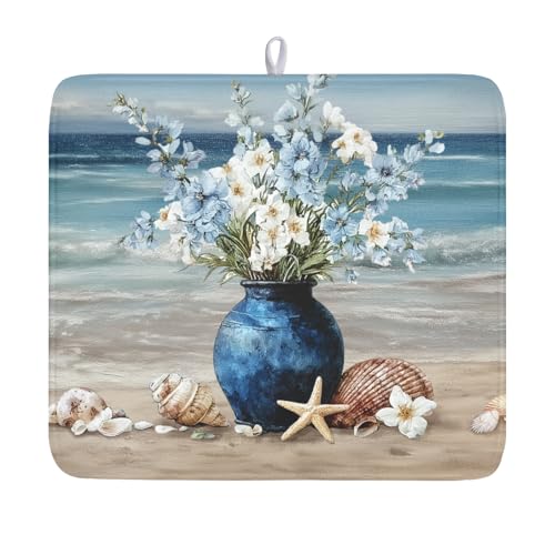 Summer Beach Dish Drying Mat for Kitchen Counter Nautical Coastal Blue Ocean Vase Floral Seashells Microfiber Dish Drainer Mat Absorbent Washable Drying Pad 16"x18" - color: Summer Beach, size: 18" x 16"