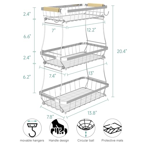Sevenblue 3-Tier Fruit Basket with Banana Hangers, Detachable Metal Bowl | Wooden handle, protective mats included. Versatile holder for bread, snacks, and veggies. Large 3 tier metal design. - color: Silver, size: 3 Tier