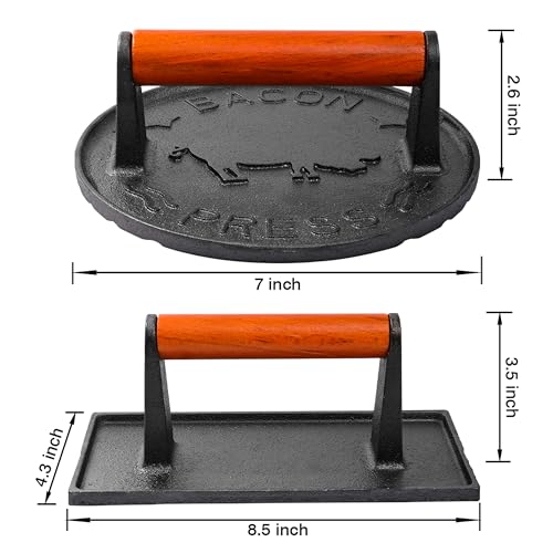 vivicreate 8.5 inch Rectangle & 7 inch Round Smash Burger Hamburger Smasher Patty Maker cast Iron Grill Weight Bacon Press Wood Handle prensa de hamburguesas prensa de Hierro fundido - size: 7 INCH