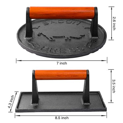 vivicreate 8.5 inch Rectangle & 7 inch Round Smash Burger Hamburger Smasher Patty Maker cast Iron Grill Weight Bacon Press Wood Handle prensa de hamburguesas prensa de Hierro fundido - size: 7 INCH