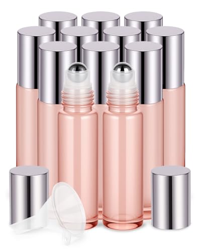 Worldgsb 12 Pack Essential Oil Roller Bottles, 10ml Refillable Glass Roller Bottles with Stainless Steel Roller Balls and Caps for Travel, Perfume and Lip Gloss Rose Gold - color: Rose Gold, style: 12 Pack