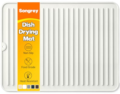 Songrey 16" x 12" Silicone Dish Drying Mat, Kitchen Counter Drying Pad for Sink Dishes or Under Rack, Multi-Use as Heat Resistant Trivet, Coffee Bar Mat - color: White, size: 16" x 12"