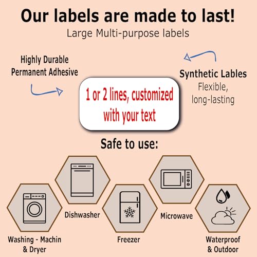 24 Large Personalized Waterproof Name Labels. Press and Stick Multi use Custom Name Labels. Customized 2 Lines of Text and Color. ID Identification Name Stickers with Permanent Self Adhesive. - color: 24 Large Labels - White Background