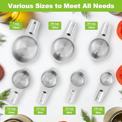 Stainless Steel Measuring Cups Set of 7, Stackable Measure Cups Kitchen Gadgets for Cooking Baking Supplies Tools, Nesting Metal Cup Spoons Easy to Read Markings for Dry & Liquid Measurements Baker - color: Silver