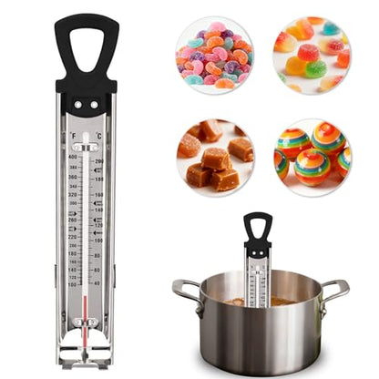 Stainless Steel Candy & Deep Fry Thermometer with Pot Clip & Handle - Analog Sugar Thermometer for Candy Making, Jam, Syrup, Oil, Chocolate, Brewing - Kitchen Cooking Food Thermometer - size: Sugar Thermometer-11.8 Inch