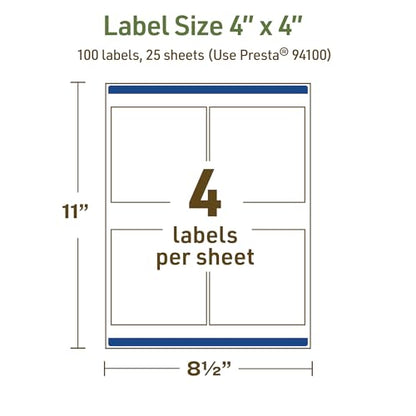Avery Dissolvable Square Labels, Sure Feed Technology, 4" x 4", Matte White, Laser/Inkjet Printable, 100 Labels Total, Freezer-Safe, Microwave-Safe, Refrigerator-Safe - style: 100 labels