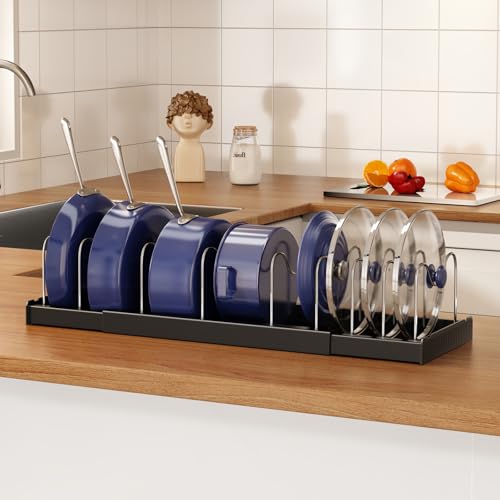 Magheo Expandable Food Storage Container Lid Organizers, 22" Pots and Pans Organizer Under Cabinet with 9 Adjustable Dividers Pot and Pan Lid Holders Rack Inside Cabinet(Black,1 Pack) - color: Black, size: (1 Pack)22.4"D x 7.9"W x 6.3"H