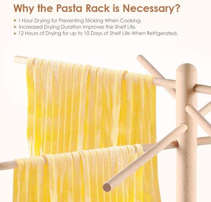 iSiLER Natural Beech Wood Pasta Drying Rack with 8 Branches, Easy to Transfer for Drying Pasta and Spaghetti, Special Suspension Design for Storage | Solid Food-Safe Beech Wood Construction, Quick Assembly & Foldable Space-Saving Design, Easy to Wipe Clea