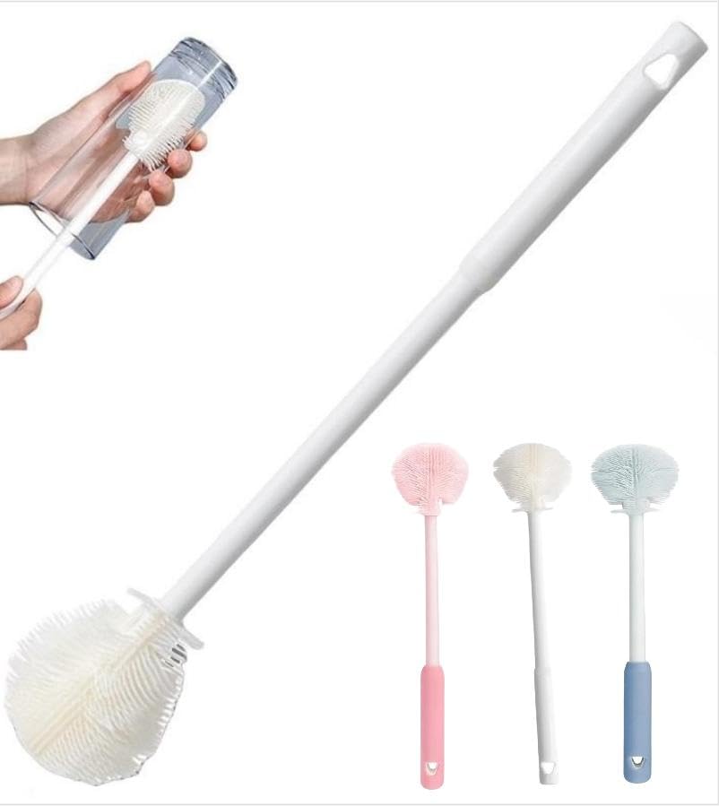 12.4" Silicone Bottle Brush, 3-in-1 Ergonomic Long Handled Cleaning Cup Brush,Water Bottle Cleaner,Deep Cleaning for Baby Bottles,Glassware, Narrow Neck Containers (White) - color: White