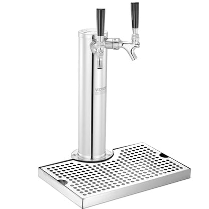VEVOR Kegerator Tower Kit, Dual Taps Beer Conversion Kit, Stainless Steel Keg Beer Tower Dispenser with Dual Gauge CGA320 Regulator & D-System Keg Coupler, Beer Drip Tray for Party Home - style: Dual Taps
