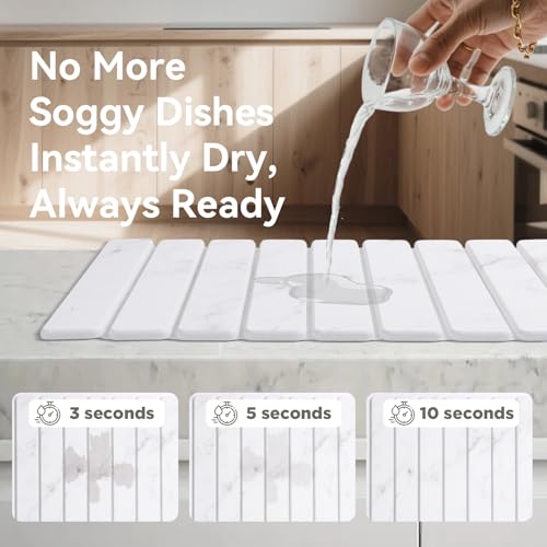 Stone Drying Mat for Kitchen Counter, 24"(L)×16"(W), Drying Matt Kitchen Counter, Stone Dish Drying Mat, Foldable Diatomaceous Earth Mat - color: White