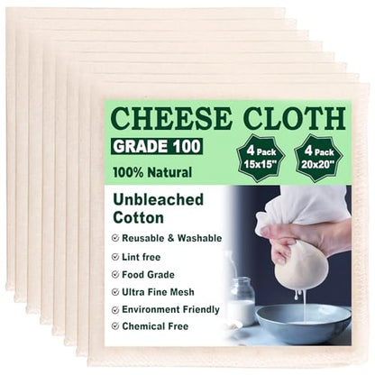 Cheese Cloths for Straining, 8 Pack Grade 100 Unbleached Hemmed Cheesecloth for Basting Turkey, Canning, Straining, Cheesemaking, Natural Ultra Fine (8, 15 * 15''&20 * 20") - size: 15*15''&20*20"