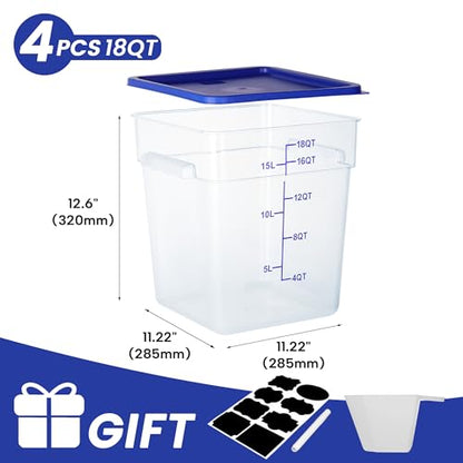 BIEAMA 4 Pack Food Storage Containers, 18 Quart with Lids, Square Commercial Containers with Scale, NSF, Polycarbonate, Clear - color: 18Qt-4 Pack(Blue Lids)