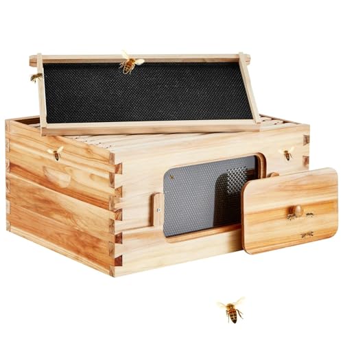Bee Hive Deep Box Starter Kit, 100% Beeswax Coated Natural Cedar Wood, Langstroth Beehive Kit with 10 Frames and Foundations, Transparent Acrylic Bee Windows for Beginners and Pro Beekeepers