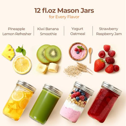 ComSaf 12 oz Mason Jars, 6 Pack Regular Mouth Glass Jars with Lids | BPA-Free Materials, Juice, Pickles, Sauces, Desserts, Overnight Oats, Medium Portions - size: 12oz*6 regular mouth