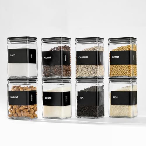 Glass Storage Jars with Bamboo Lids, 27oz Square Spice Jars for Kitchen Pantry Organization, Glass Seasoning Bottles Spice Containers with Labels for Cereal Flour Beans Tea - color: black