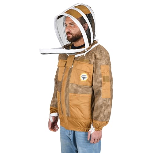 Beekeeping Jacket with Veil 3-Layer Ultra Ventilated 2 Veil Options (Fencing & Round) YKK Zippers Full Protection Suit Carrying Bag (BP-302-Brown)-L - color: Brown 2 Veils, size: L