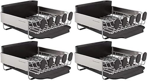 KitchenAid Compact, Space Saving Rust Resistant Dish Rack with Removable Flatware Caddy and Angled Self Draining Drainboard, 16.06-Inch, Black (Pack of 4) - color: Black, size: Compact (Pack of 4)