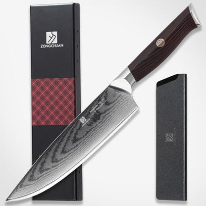 Chef Knife,8inch Damascus knife,67-Layer High Carbon Stainless Steel Kitchen Knife,Professiona Sharp Cutting Knives with Ergonomic G10 Red Black Handle,Gift Box for Home and Kitchen Birthday Gift - style: 13C pro Chef Knife(Red Black)