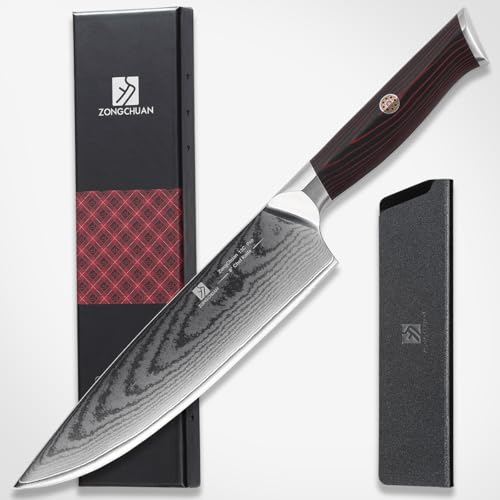 Chef Knife,8inch Damascus knife,67-Layer High Carbon Stainless Steel Kitchen Knife,Professiona Sharp Cutting Knives with Ergonomic G10 Red Black Handle,Gift Box for Home and Kitchen Birthday Gift - style: 13C pro Chef Knife(Red Black)