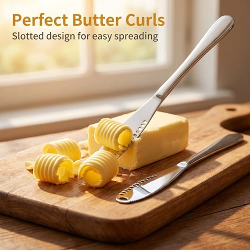 Saiveina 2 Pcs Stainless Steel Butter Knives | 3 in 1 Butter Knife Set, Butter Spreader, Curler and Grater, for Butter, Cheese, Dishwasher Safe, Rust-Resistant, Ergonomic