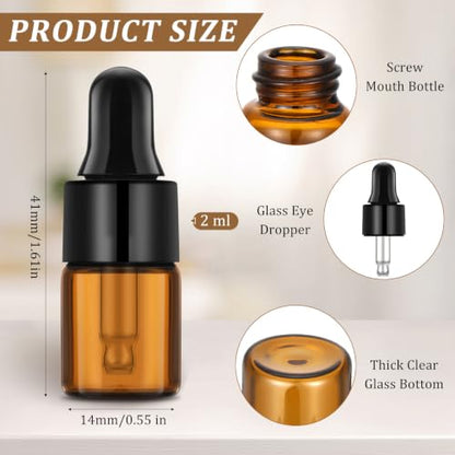 Nuogo 100 Pcs Mini Amber Glass Oil Dropper Bottle Bulk, Clear Essential Small Empty Sample Vial with Dropper and Black Caps Tiny Amber Glass Bottles Perfume Jars for Travel(2 ml) - size: 2 ml
