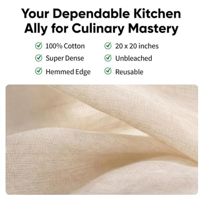 2Pcs Reusable Cheesecloth,Grade 100,20x20 Inch Hemmed Cheese Cloth for Straining Craft,100% Cotton Unbleached Cloth Strainer for Cooking,Baking,Juicing,Cheese Making,Ultra Fine and Dense,Washable - size: 20*20 inch*2 PCS