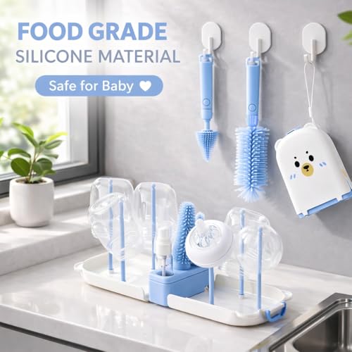Travel Bottle Cleaner kit, 7in1 Baby Travel Gear Silicone Travel Bottle Brush Set Nipple Drying Rack, Straw Breast Pump Cleaning Soap Dispenser Organizer Case Mon Gift (Blue) - color: Blue