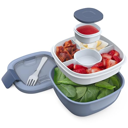 Bentgo Salad Container - 54 oz Bowl with 4-Compartment Toppings Tray, Leak-Proof Dressing Container, Reusable Fork, BPA-Free Lunch Box for Meal Prep & Food Storage; Removable Bento Tray (Slate) - color: Slate