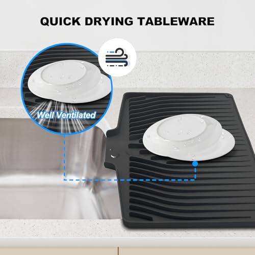 Silicone Dish Drying Mat for Kitchen Countertops and Sinks,19 x13.7 Inch Non Slip Heat Resistant Mat with Built In Drainage System,For Refrigerator and Drawer Liners (black, 19 x13.7 Inch) - color: Black