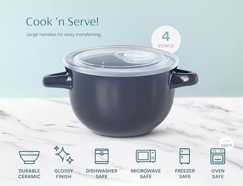 KooK French Onion Soup Bowls, Crocks, Oven Safe Bowls, Soup Mugs, Ceramic Bowls, Dishwasher, Microwave, Set of 4, 18 oz (Denim) - color: Denim