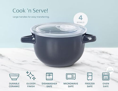 KooK French Onion Soup Bowls, Crocks, Oven Safe Bowls, Soup Mugs, Ceramic Bowls, Dishwasher, Microwave, Set of 4, 18 oz (Denim) - color: Denim