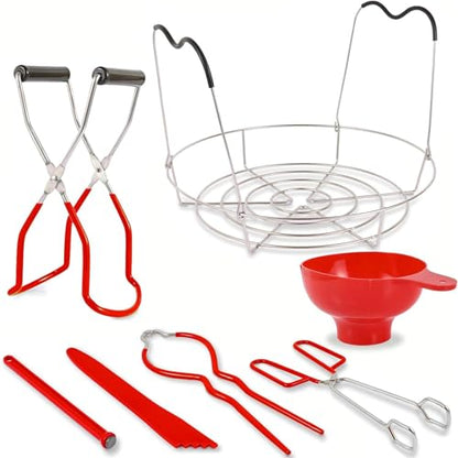 7 Pieces Canning Supplies Kit, Red | Stainless Steel Canning Tools Set, Includes Steamer Rack, Funnel, Jar Lifter, Wrench, Tongs, Lid Lifter, Bubble Remover - color: Red