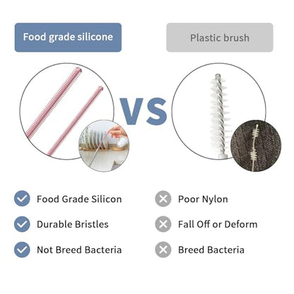 Reusable Silicone Straw Cleaner Brush Set, 2-Pack Extra Long Straw Cleaning Brush for Metal Glass Water Bottle Drinking Straws, Flexible&Bendable Design, Dishwasher Safe, 6mm & 8mm Diameter - color: Light Pink