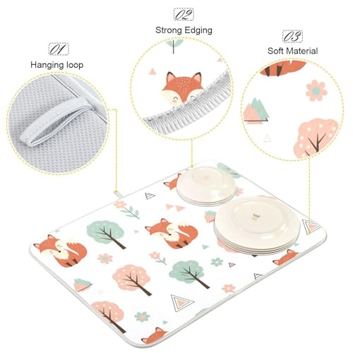 Fox Tree Flowers Dish Drying Mat for Kitchen Counter Super Absorbent Draining Mat with Non-slip Backed Dish Drying Pad for Draining Racks Countertops Sinks Dish Bottles Cups Bowl