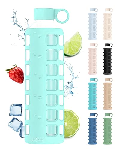 purifyou 40oz / 32oz / 22oz / 12oz Borosilicate Glass Water Bottle with Time & Volume Markers, Silicone Sleeve, Stainless Steel Lid | Reusable Glass Bottle for Water & Juice (32oz Glow-in-the-Dark) - color: Glow-in-the-Dark (1 Count), size: 32 Ounces